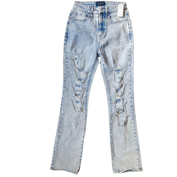 Juicy Couture Women's Light Wash Destroyed Straight Leg Chain Detail Jeans sz 24 - Picture 2 of 9